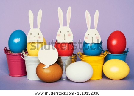  Easter eggs in colored buckets with  easter bunny mask on, Happy Easter Card