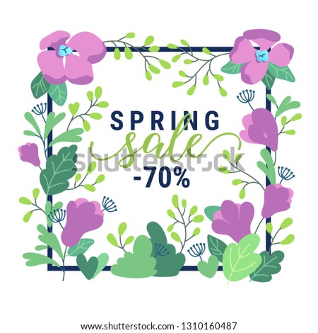 Spring promotion offer banner. Beautiful colorful flat style vector illustration with hydrangea flowers, leaves, plants. Design template with Spring sale text lettering isolated on white background.