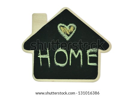  'HOME' written on wooden house blackboard isolated on white background
