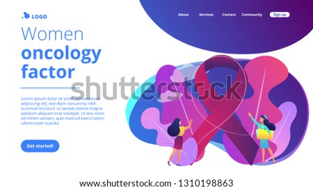 Doctor showing breast cancer awareness ribbon to the female patient. Breast cancer, women oncology factor, breast cancer prevention concept. Website vibrant violet landing web page template.