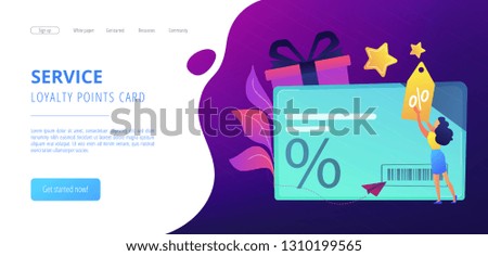 Discount card with percent sign and woman with discount tag. Loyalty program and customer service, retail and rewards card, loyalty points card concept, violet palette. Website landing web page