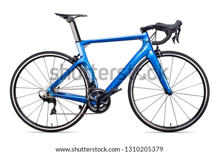 blue black modern aerodynmic carbon fiber racing sport road bike bicycle racer isolated on white background Royalty-Free Stock Photo #1310205379