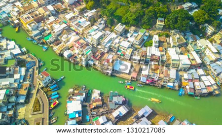 Aerial bird eye view Photography viewpoint urban landscape another tourist attraction of Hong Kong is the popular tourist at Fishing Village at Tai o in Hong Kong.