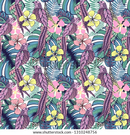 Tropical birds, leaves and flowers seamless pattern. Floral vector illustration. Exotic background.