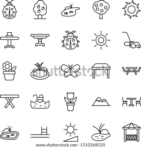Thin Line Icon Set - cafe vector, flower in pot, lawn mower, butterfly, lady bug, sun, pond, picnic table, brightness, pool, fruit tree, mountains, restaurant, alcove