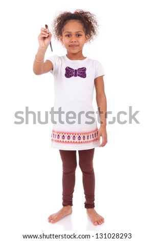 Young african asian girl holding  a paint brush,isolated on white background