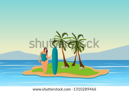 Tropical landscape. Seascape. Summer background. Girl with surfing board. Flat style illustration. Palm trees in flat style. Vector illustration