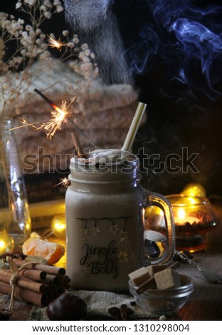 Hot cocoa with sugar powder and smoke