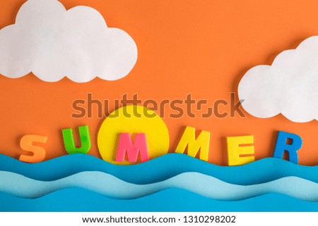 Summer vacation minimal creative concept made of colorful letters text and paper sea, sun and clouds on orange sky background.