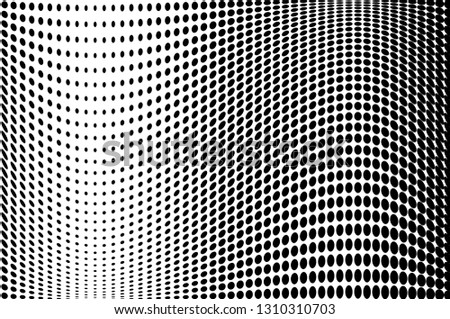 Wave dotted background. Abstract halftone futuristic twisted grunge pattern. Vector illustration black on white