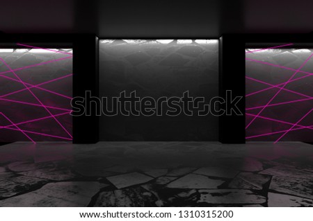 Background of empty room, concrete floor and walls, tiles. Multicolored laser lines, neon light, smoke