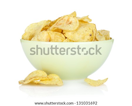 Potato chips in bowl. Isolated on white background