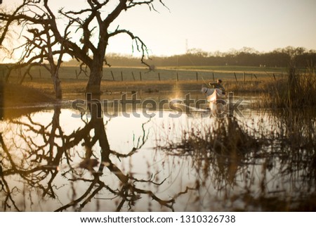 Man sitting in a canoe with his dog.