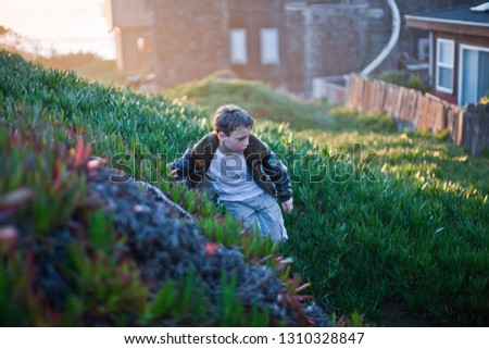 Young boy walking down a bank full of plants.