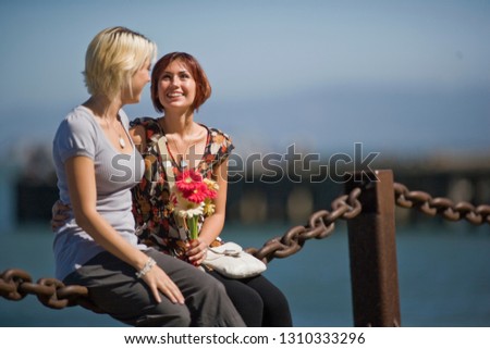 Smiling young woman sitting on a chain fence with her female friend.