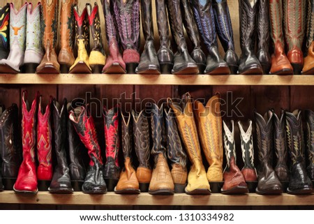 Rows of cowboy boots lined up on shelves.