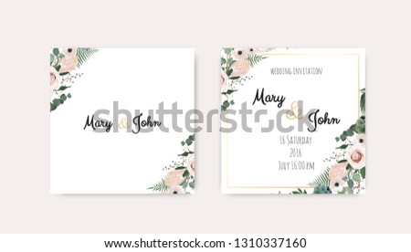 Wedding Invitation, save the date. Vector. Pink rose, olive leaves. Watercolor style.