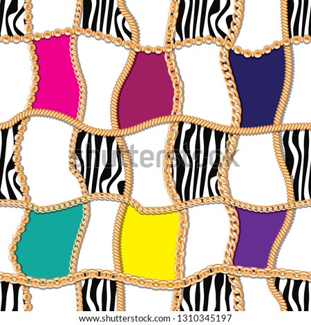 Modern seamless pattern with golden chains checkered backdrop. For textile, scarf, cravat design. Vector illustration. Royalty-Free Stock Photo #1310345197