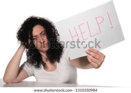 unhappy woman holding HELP sign isolated