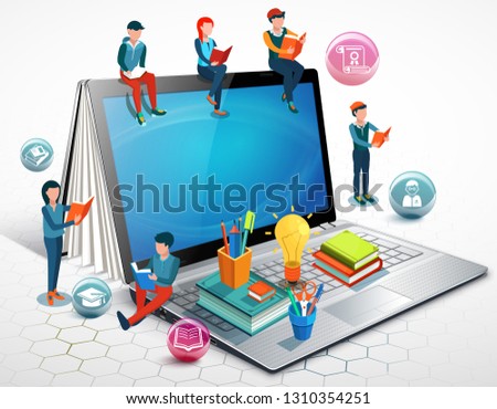 People are reading books sitting on a laptop. Online education concept. Illustration.