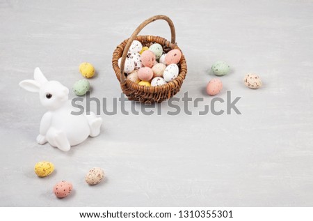 Easter composition with bunnies and eggs. Easter celebration, spring concept