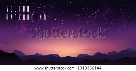 Sky with stars. Starry sky with mountain landskape, sunset sky, stardust and clouds. Vector illustration Royalty-Free Stock Photo #1310356144