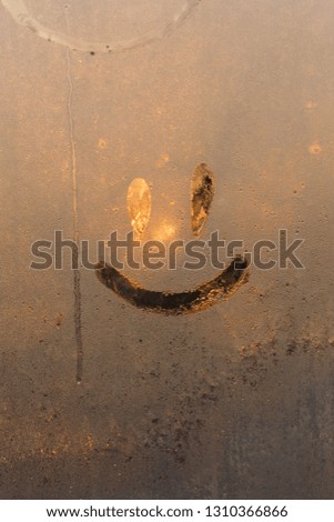 symbol of a smile on a frozen window on a sunset background