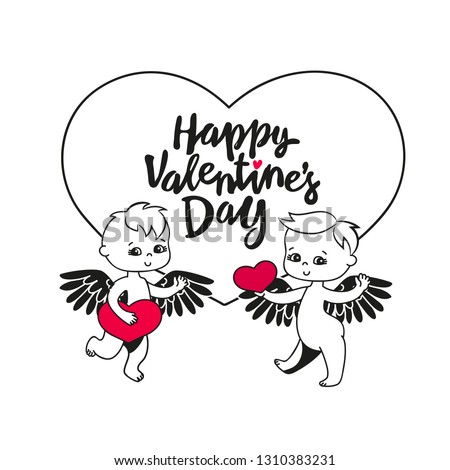 Happy Valentine's day. Greeting card. Angel, Cupid and heart. Vector illustration and Lettering