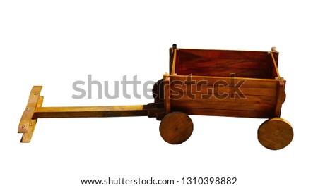 Model, wooden retro trailers with four wheel and horse collar                               