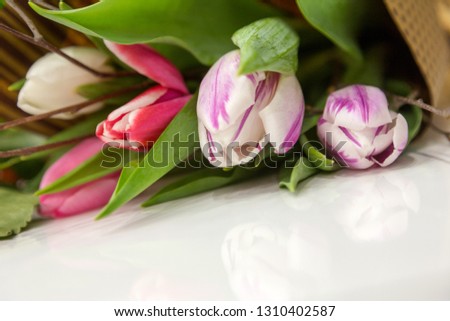 Delicate pink tulips as background. Retro filter. Soft color. A bouquet of flowers for design of postcards, invitations, congratulations on holiday, birthday