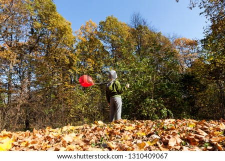 Boy with balloons during a walk in a colorful park in the autumn