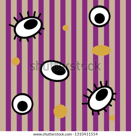 Whimsical seamless pattern. Striped with circles and big eyes. Fabulous and mystical.