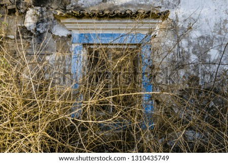Abandoned dilapidated house in the winter forest. Old wooden windows with preserved decorative elements. Authentic architecture