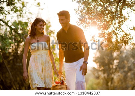 Couple Walking At Sunset, Holding Picnic Basket