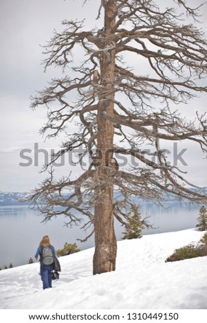 Woman hiking through the snow