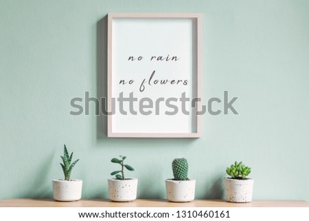 Minimalistic home interior with mock up photo frame on the brown wooden table with composition of cacti and succulents in stylish cement pots. Mint walls. Stylish and floral concept of home garden.
