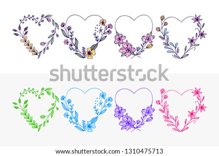 Set of hand drawn wreath hearts with stylized flowers - vector illustration design for t shirt graphics, fashion prints, slogan tees, stickers, cards, posters and other creative uses