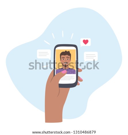 Stalking boyfriend on social media. Cyberstalking. Sending heart and text to a handsome man on social application. Searching for romantic relationship. Vector illustration Royalty-Free Stock Photo #1310486879