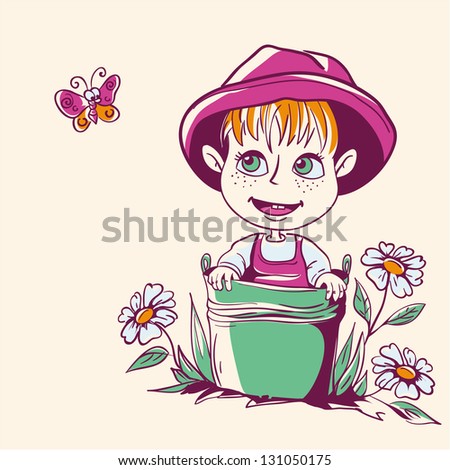 Cartoon funny little girl with green eyes and pink hat sitting in a bucket near the emerald grass and daisies and looking at a flying orange and pink butterfly. Happy childhood.