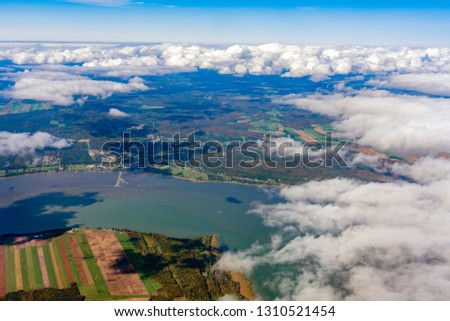 Aerial view of Portneuf and Lotbinière area, St Lawrence River with fall color at Canada