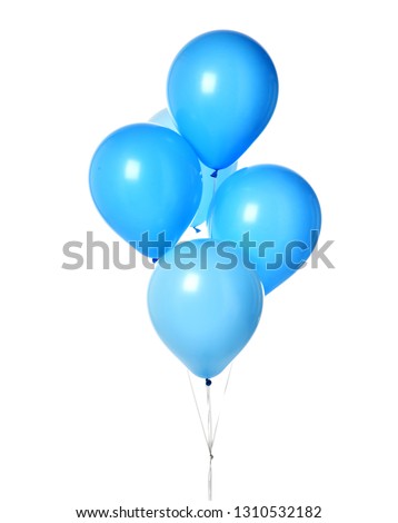 Bunch of blue latex blue round balloons composition for birthday or valentines day party on white background