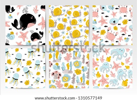 Collectoin or set of seamless vector pattern with cartoon cute sea or ocean animals, coral and plants on white background. Underwater world. Illustration for textile,  wrapping. Scandinavian style 