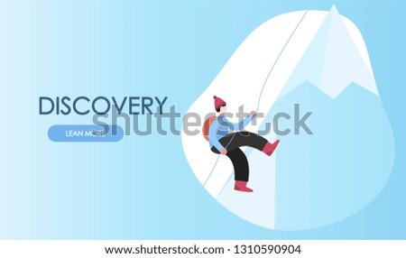 Concept traveling man. Climbing on mountain. Trekking, Hiking, Mountaineering, extreme sports, outdoor recreation, adventure in the mountains, vacation. Flat vector illustration