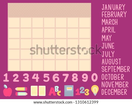 Illustration of a Calendar Template with School Elements like Pencils, Apple, ABC and 123