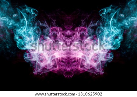 
Dense multicolored smoke of   blue and purple colors in the form of a skull, monster, dragon on a black isolated background. Background of smoke vape. Mocap for cool t-shirts

