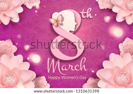 March 8 women's day with woman's head and pink flowers frame in paper craft style