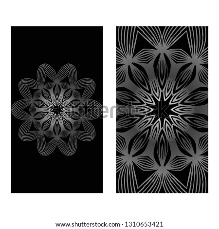 Vintage Cards With Floral Mandala Pattern. Vector Template. The Front And Rear Side. Black silver color.