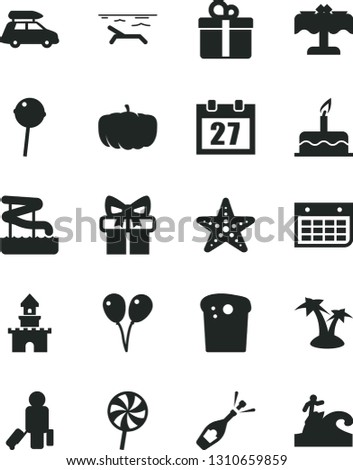 Solid Black Vector Icon Set - daily calendar vector, colored air balloons, cake, gift, Easter, Chupa Chups, lollipop, pumpkin, wall, sand castle, champagne, car baggage, passenger, beach, palm tree