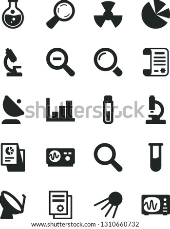 Solid Black Vector Icon Set - magnifier vector, zoom out, negative histogram, artificial satellite, round flask, radiation, dish, antenna, pie charts, statistical research, article, test tube