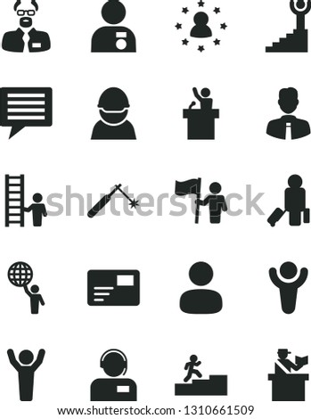 Solid Black Vector Icon Set - image of thought vector, employee, pass card, operator, racer, welding, man, scientist, winner, carrer stairway, hold world, hands up, with medal, flag, ladder, speaker